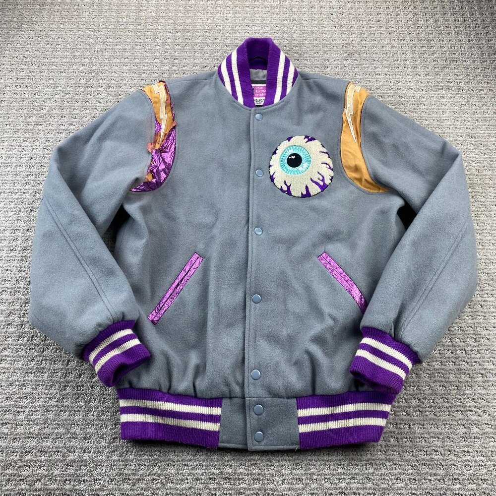 Vintage MISHKA MNWKA Varsity Jacket Men Small S Gray Eyeball - Defects - Stains